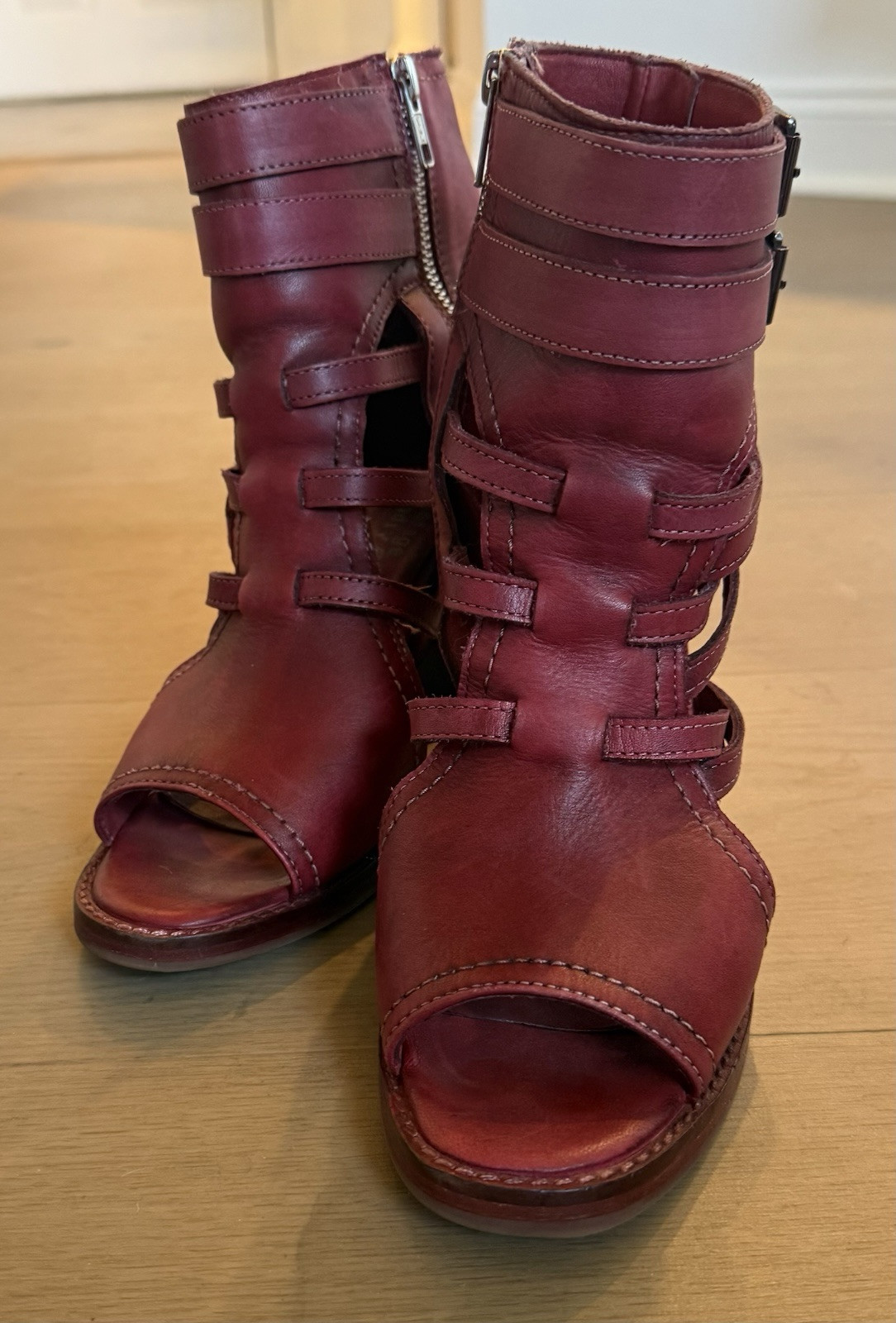 Vintage Foundry Co Page Open Toe Boot Sandal Red Leather Up Zip Size 8