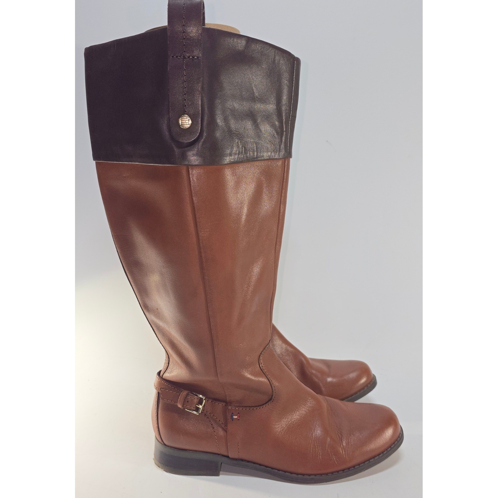 Tommy Hilfiger Womens Two Tone Leather Riding Boots Brown Cognac Size 7M