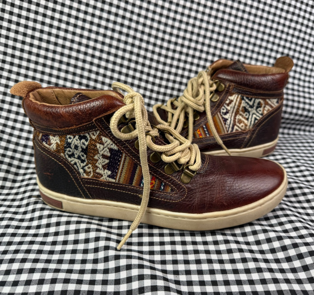Inkkas Brown Leather Hiking Boots Tribal Textile Sneakers Women’s US 7 EU 38