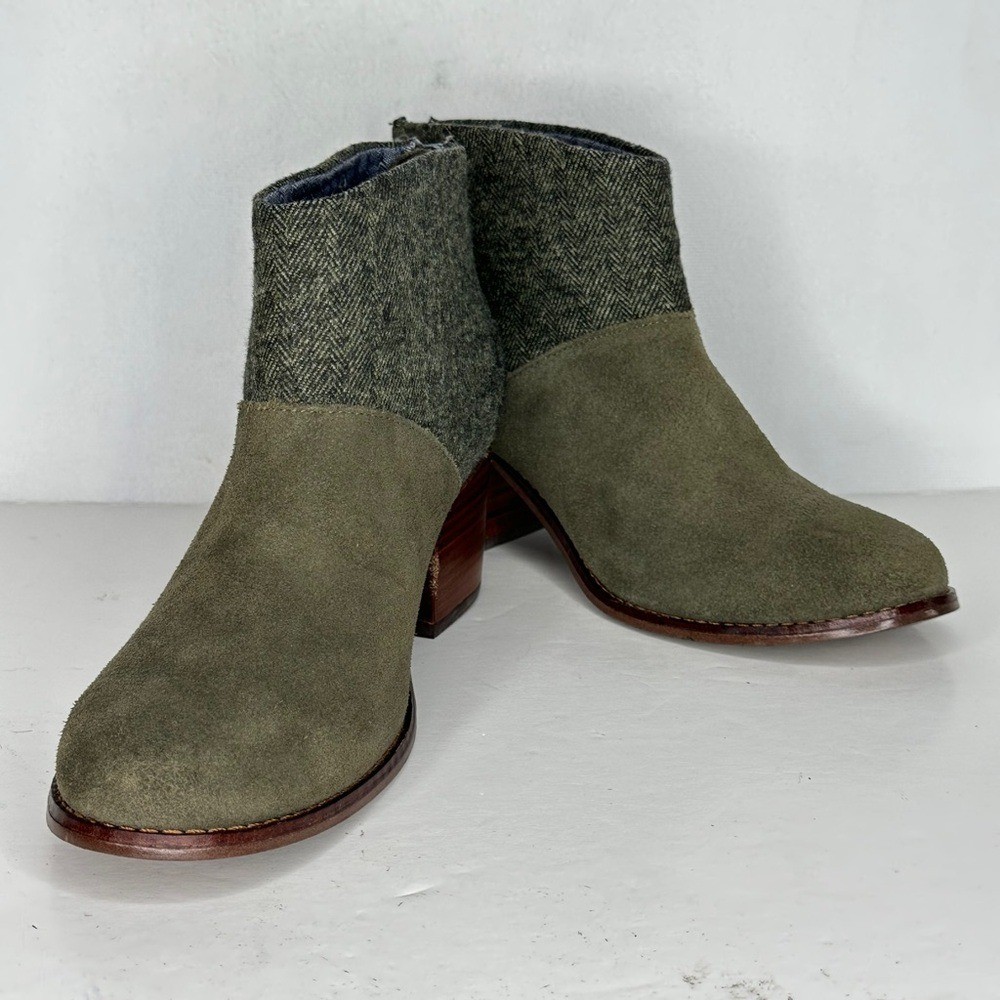 Toms Leila Ankle Boots Olive Green Herringbone Sz 6.5