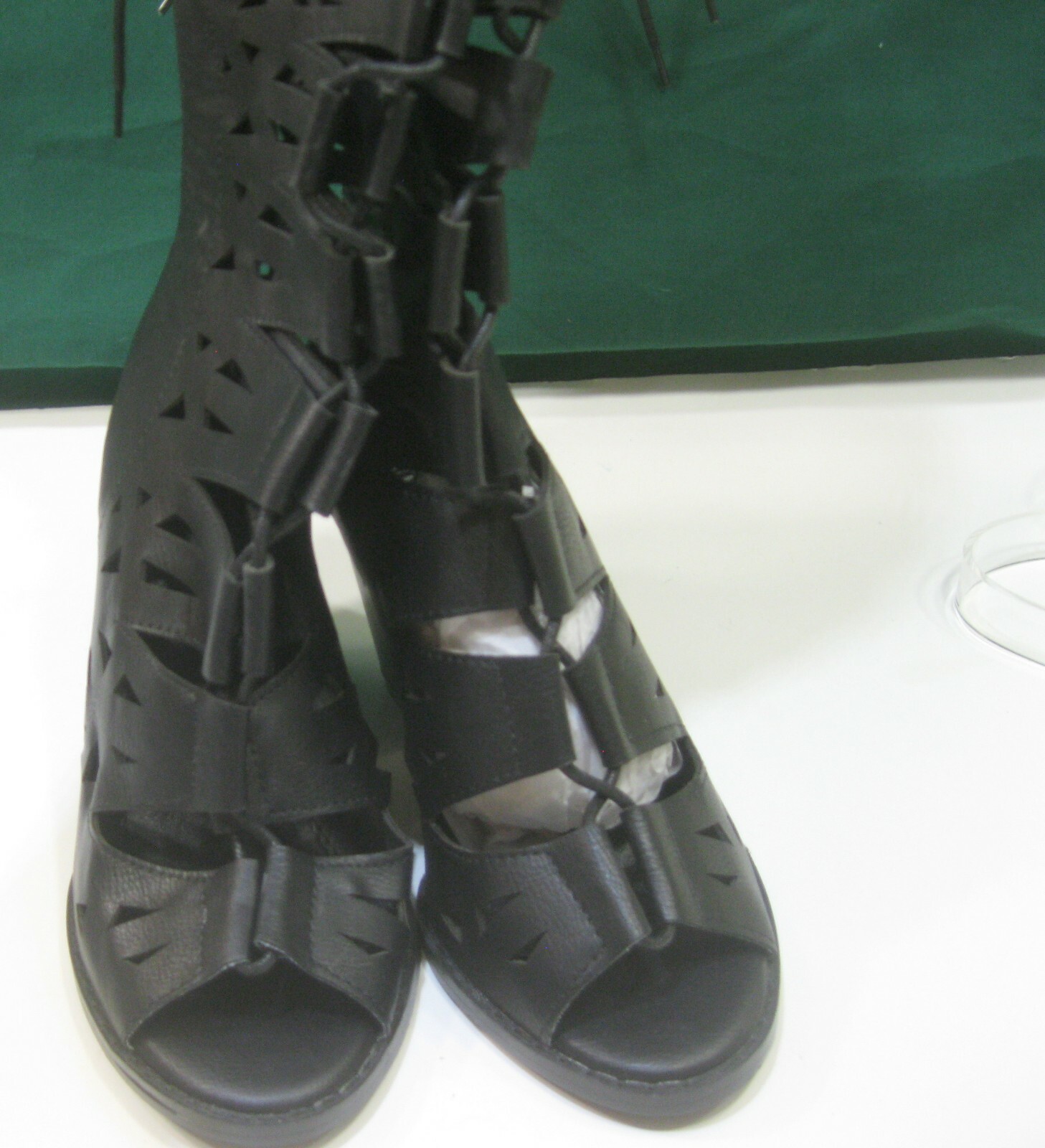 Black 4″Block Heel Open Toe Gladiator LACE UP Boots Women Size 7