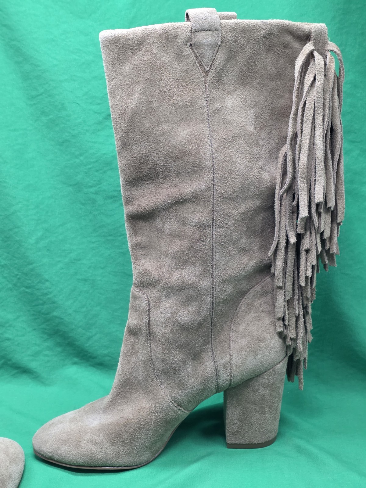 Nine West Tan Suede Leather Fringe Mid Calf Western Heel Pull On Boots Sz 8