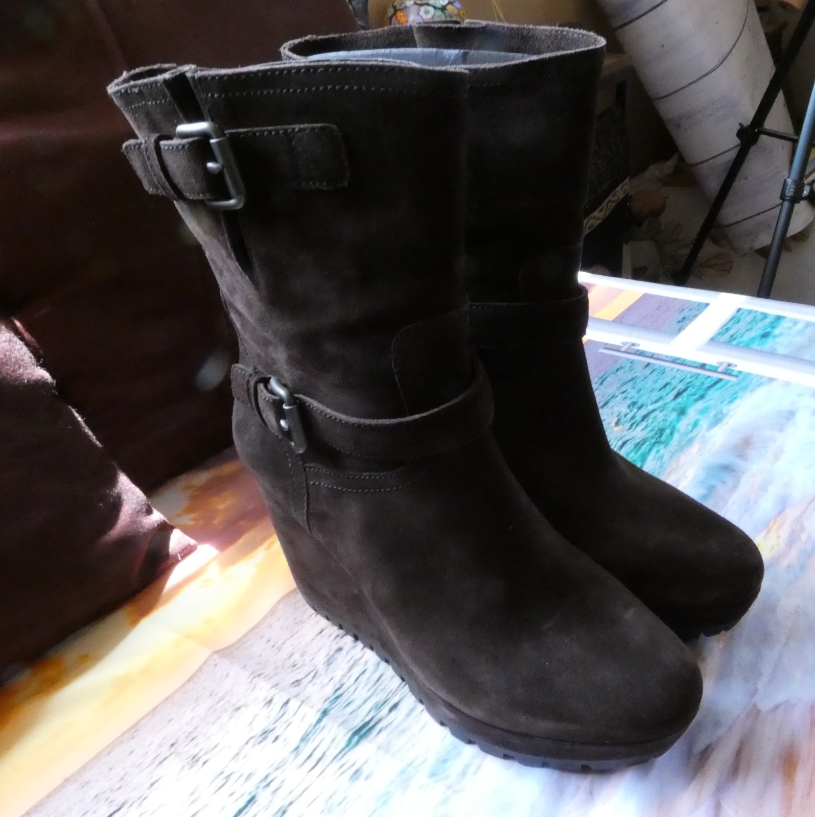 Prada Women’s Brown Suede Double Silver Buckle Strap Wedge Boots Size 39 M / 9 M