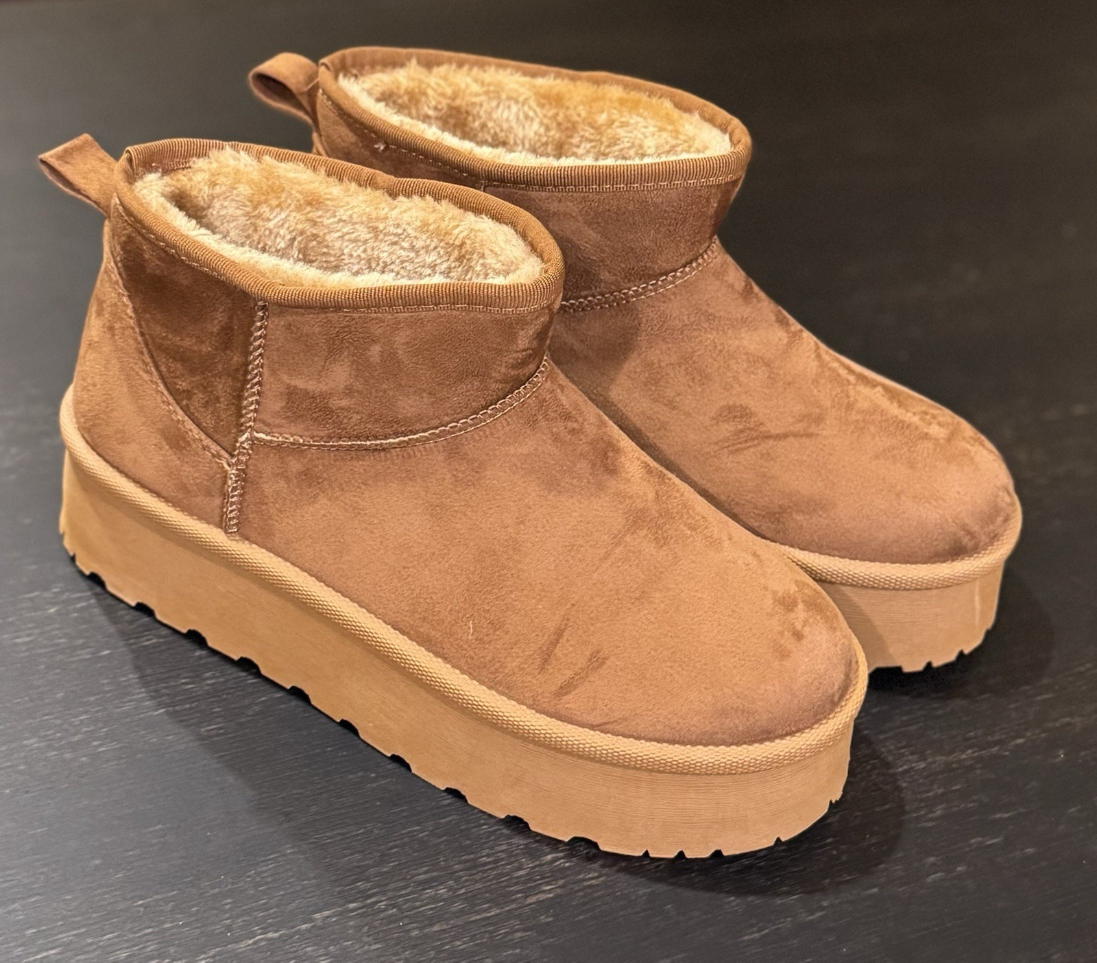 Shein Womens Platform Ankle Booties Fuggs Size 10 Faux-Fur Lined PullOn Warm Tan