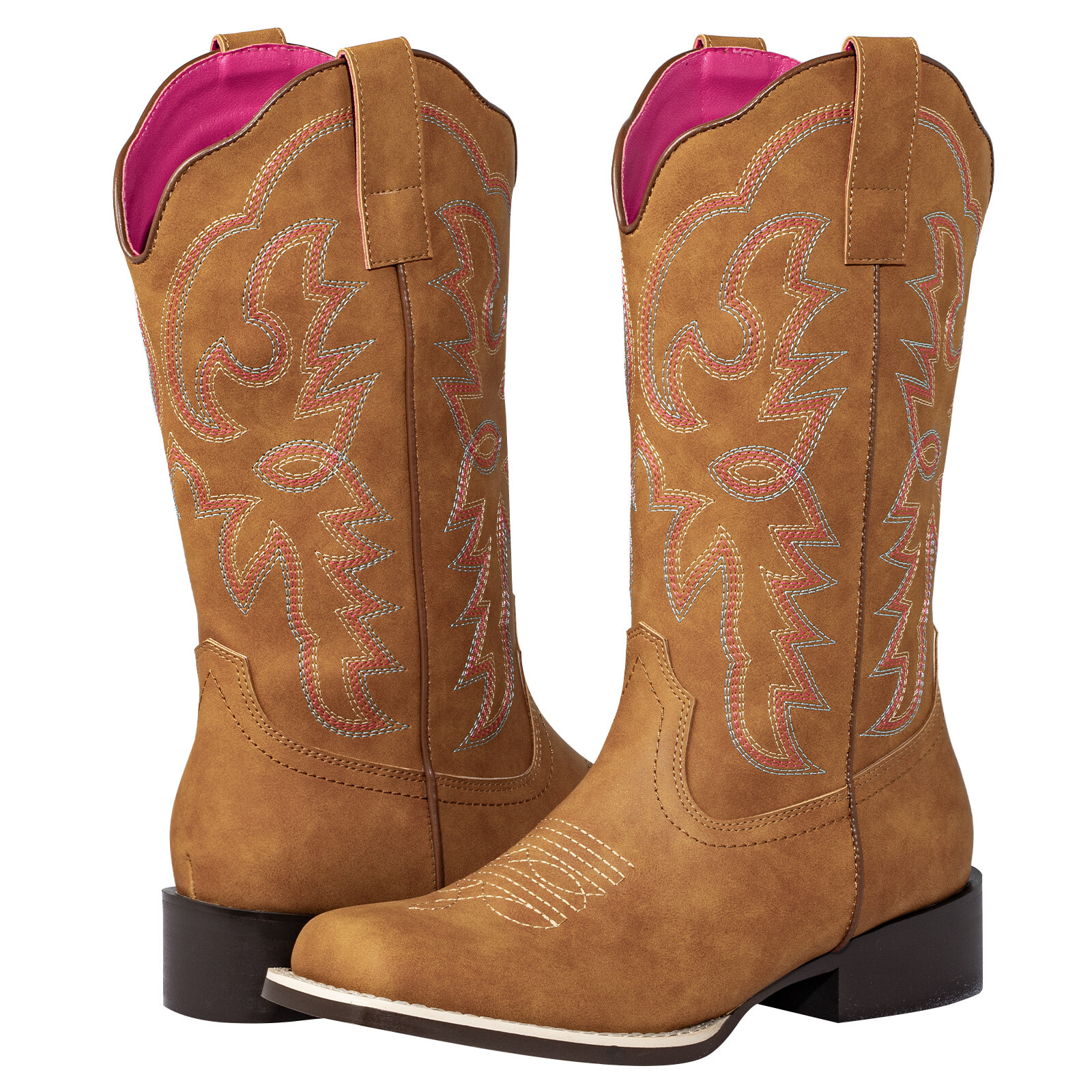 SheSole Womens Fashion Wide Square Toe Western Cowgirl Cowboy Boots Mid Calf Tan