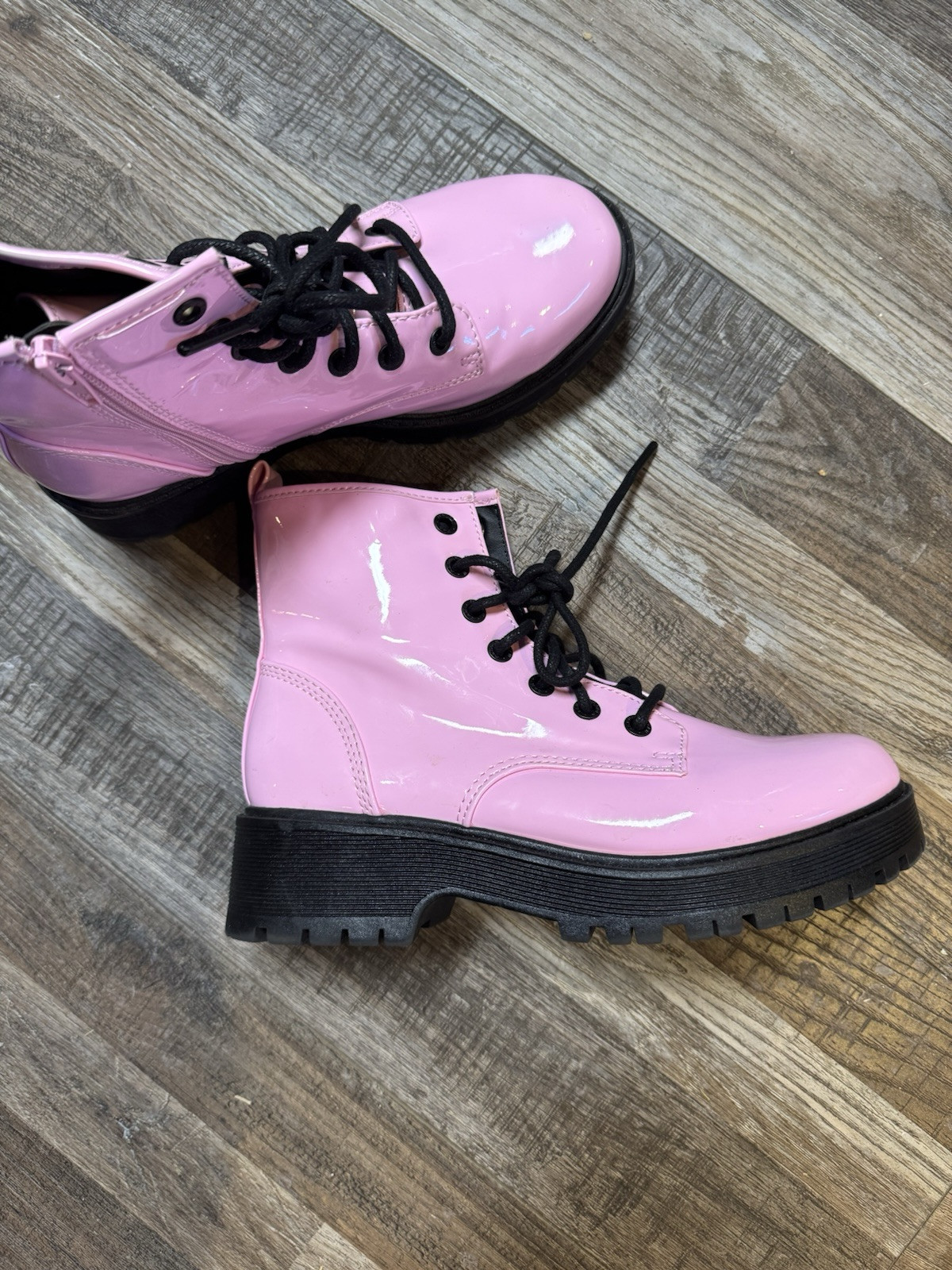 Barbie Bubble Gum Pink Madden NYC Patent Leather Look Lace Up Inside Zip Combat