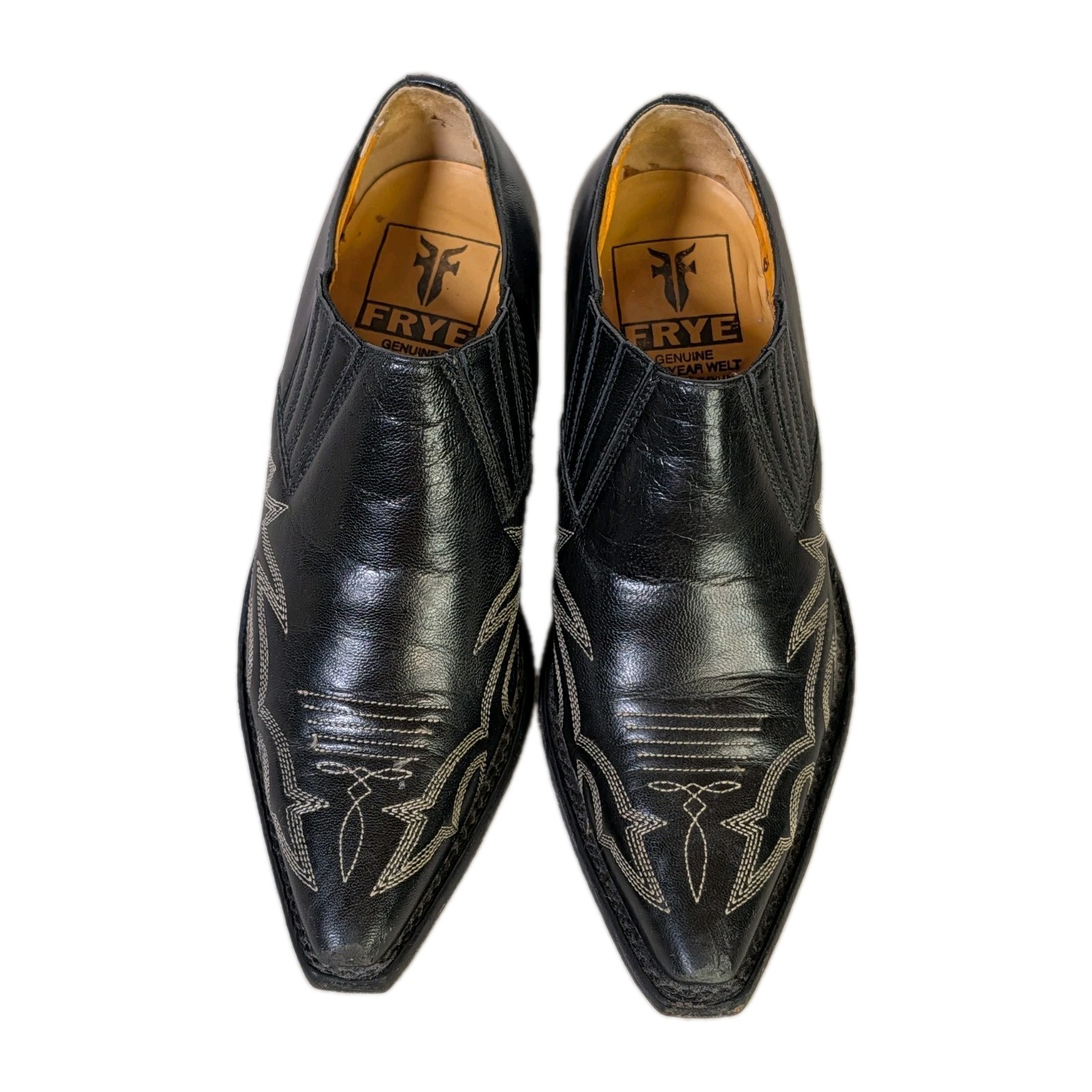 Frye Slip-On Leather Ankle Boots Size 6 1/2 Embroidered Black Goodyear Spain