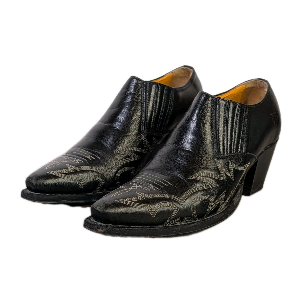 Frye Slip-On Leather Ankle Boots Size 6 1/2 Embroidered Black Goodyear Spain