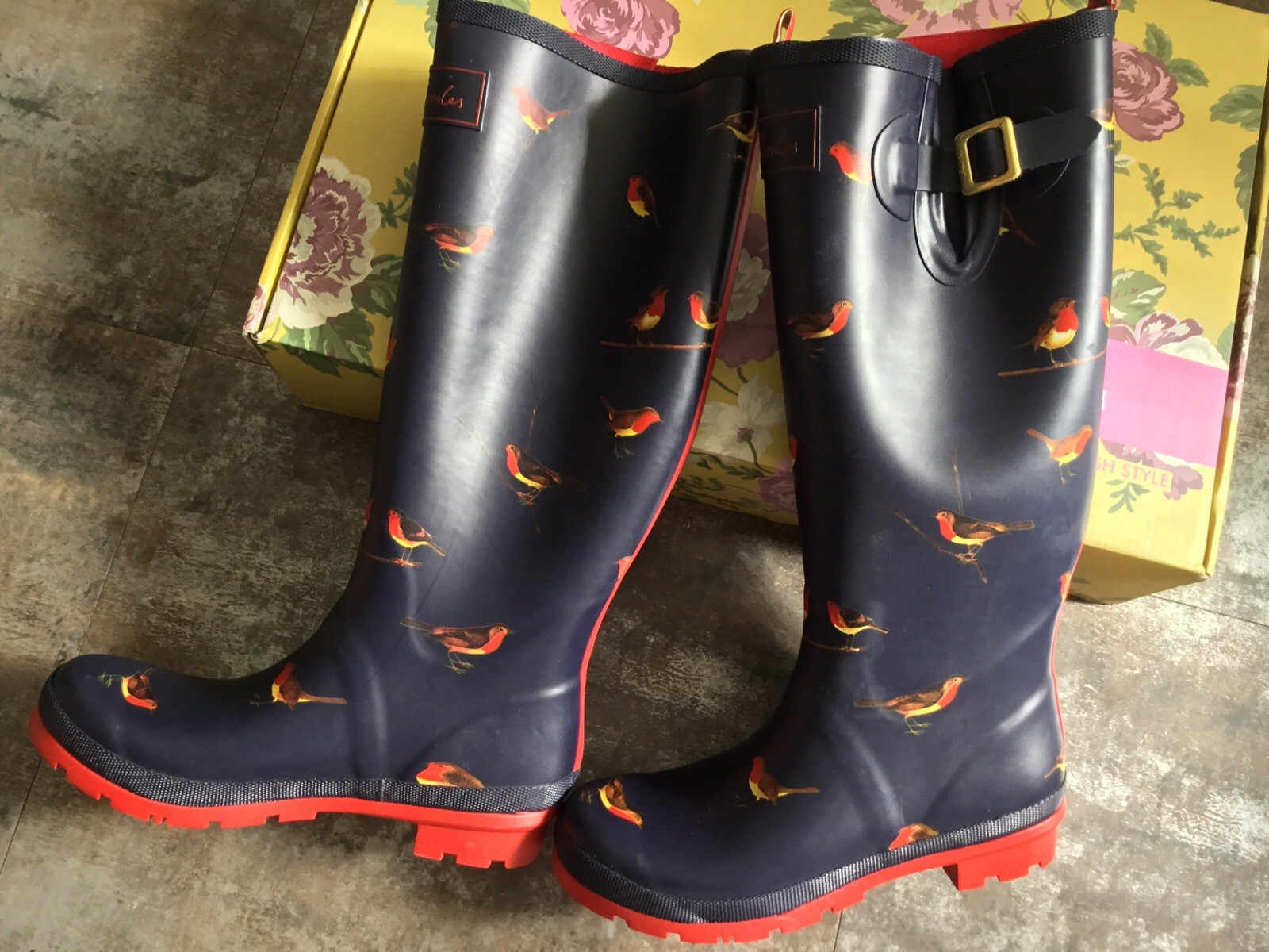 Women’s Joules Tall Rain Boots Sz 9 Welly Print Robin Bird Navy Red New NIB 2015