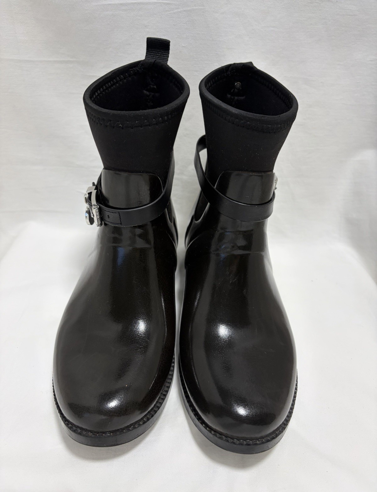 Michael Kors Women’s Black Ankle Rain Boots Pull-On Buckle Logo MK Charm 7