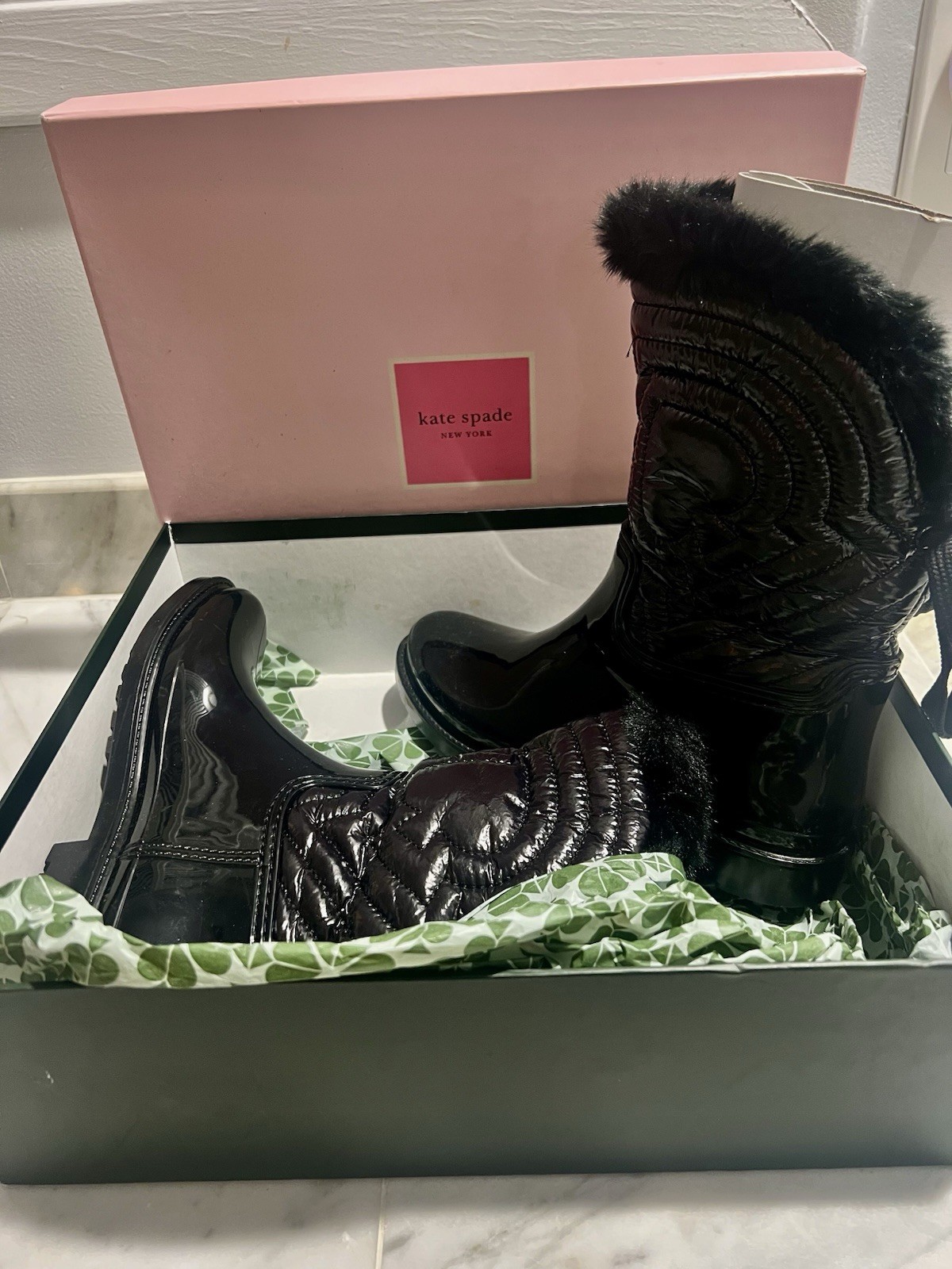 Kate Spade New York Stormy Women’s Black Quilted Waterproof Rain Boots 7.5