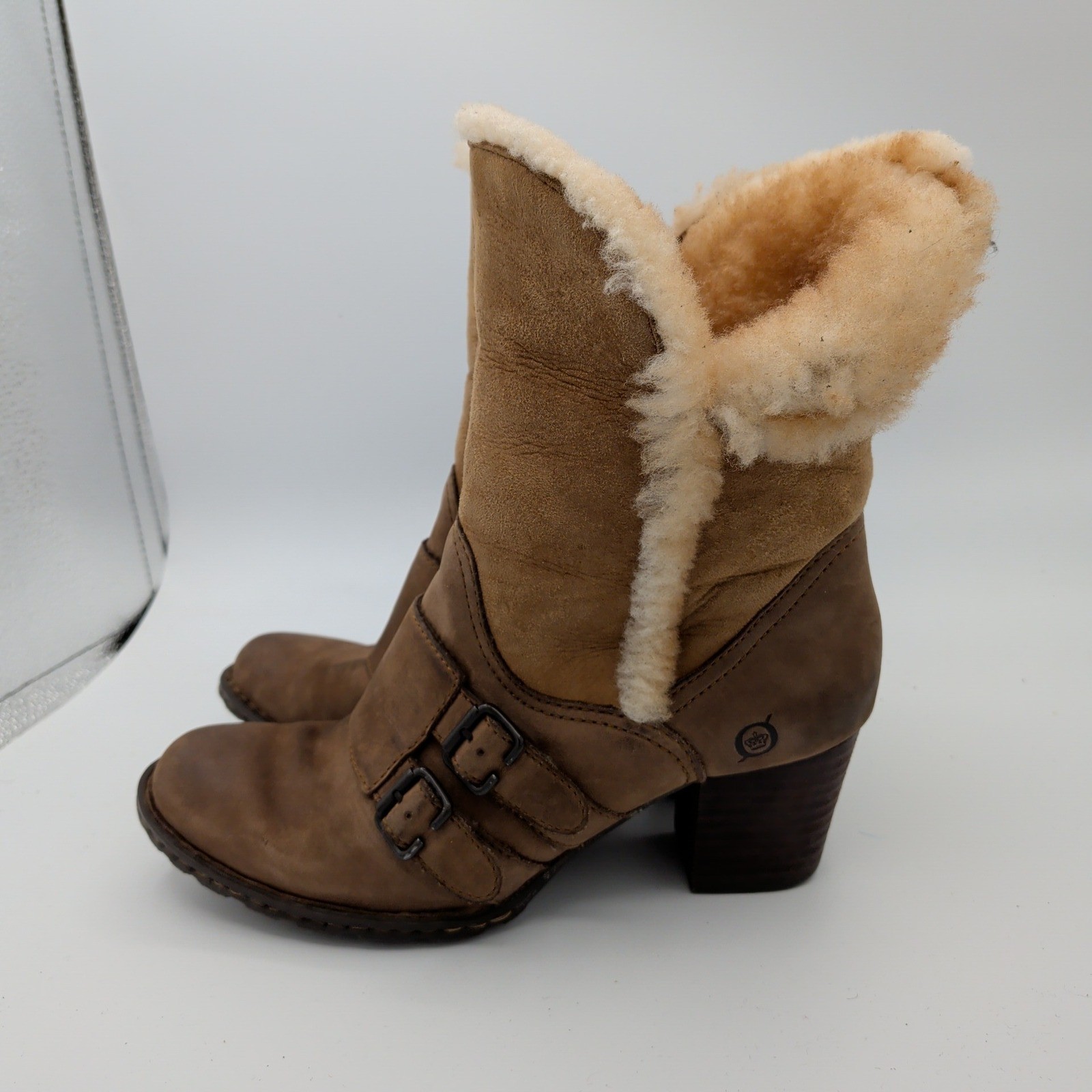 Born Amaze Brown Leather Shearling Lined Mid-Calf Buckle Boots Womens 6 36.5