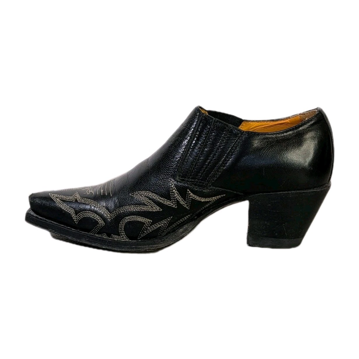 Frye Slip-On Leather Ankle Boots Size 6 1/2 Embroidered Black Goodyear Spain