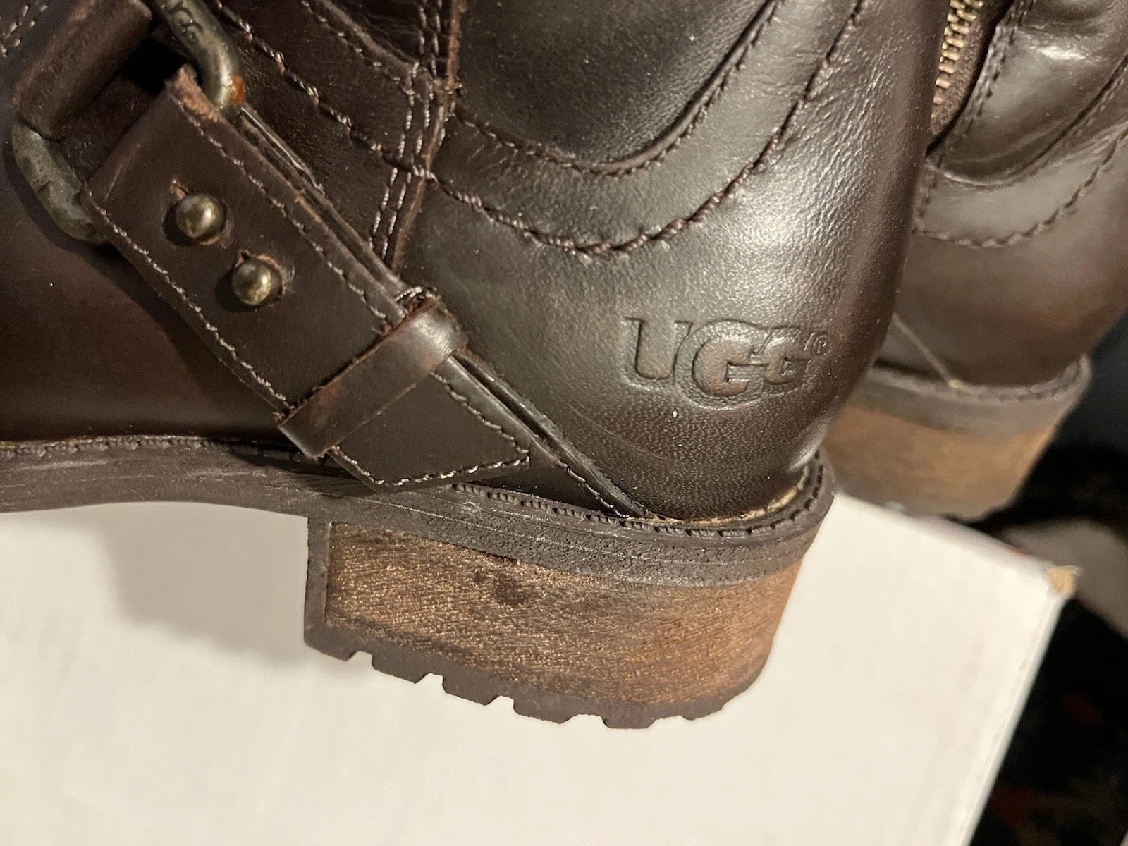 UGG LOGO BWN LEATHER SHEARLING LINED HIPPIE BIKER COACHELLA TALL RIDING BOOTS 6