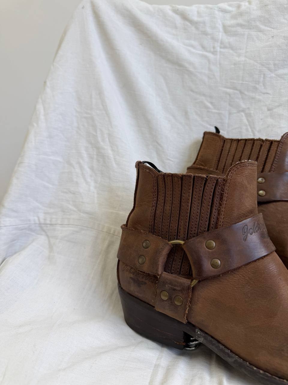 Vintage John West Spain Leather Harness Boots Brown Biker Cowboy Western Moto 39