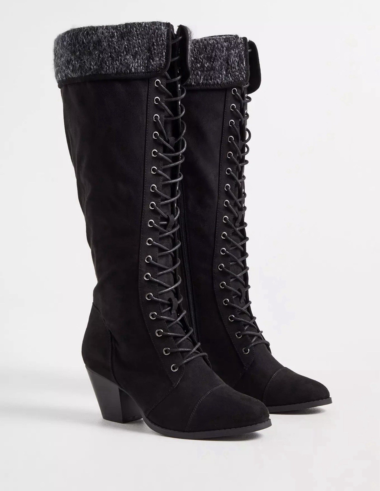 Torrid Black Boots Faux Suede Wrap Knee Lace Up Heeled Black, Sz 9WW