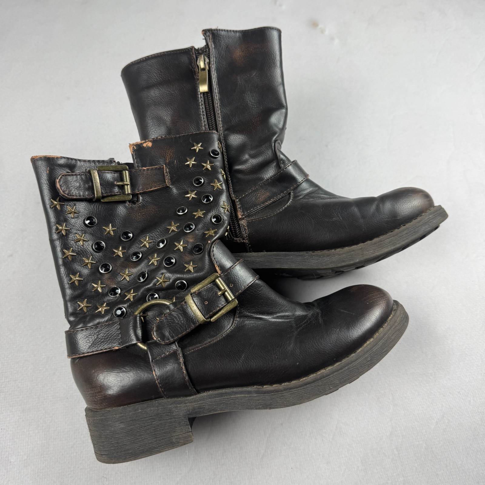 Y2K Studded Biker Boots Brown Leather Punk Gothic Moto Buckle Mid Calf Shoes
