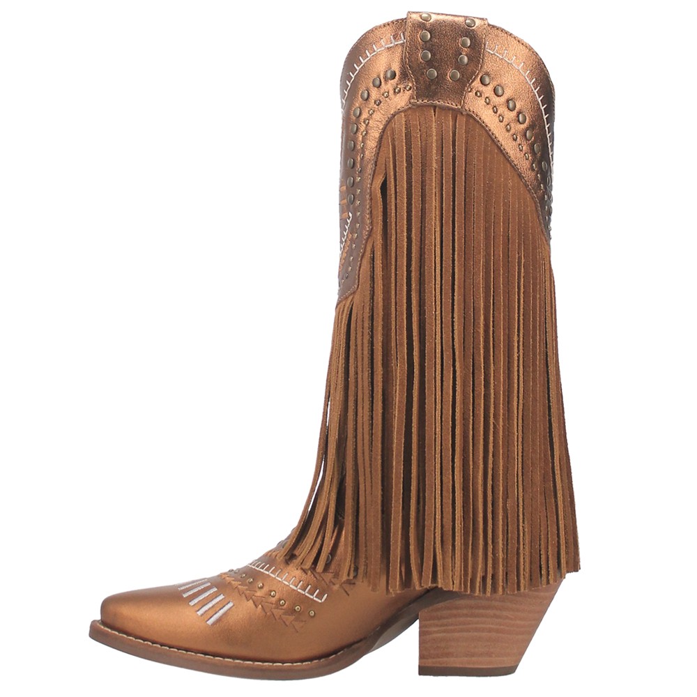 Dingo Gypsy Studded Fringe Metallic Snip Toe Pull On Womens Brown Casual Boots