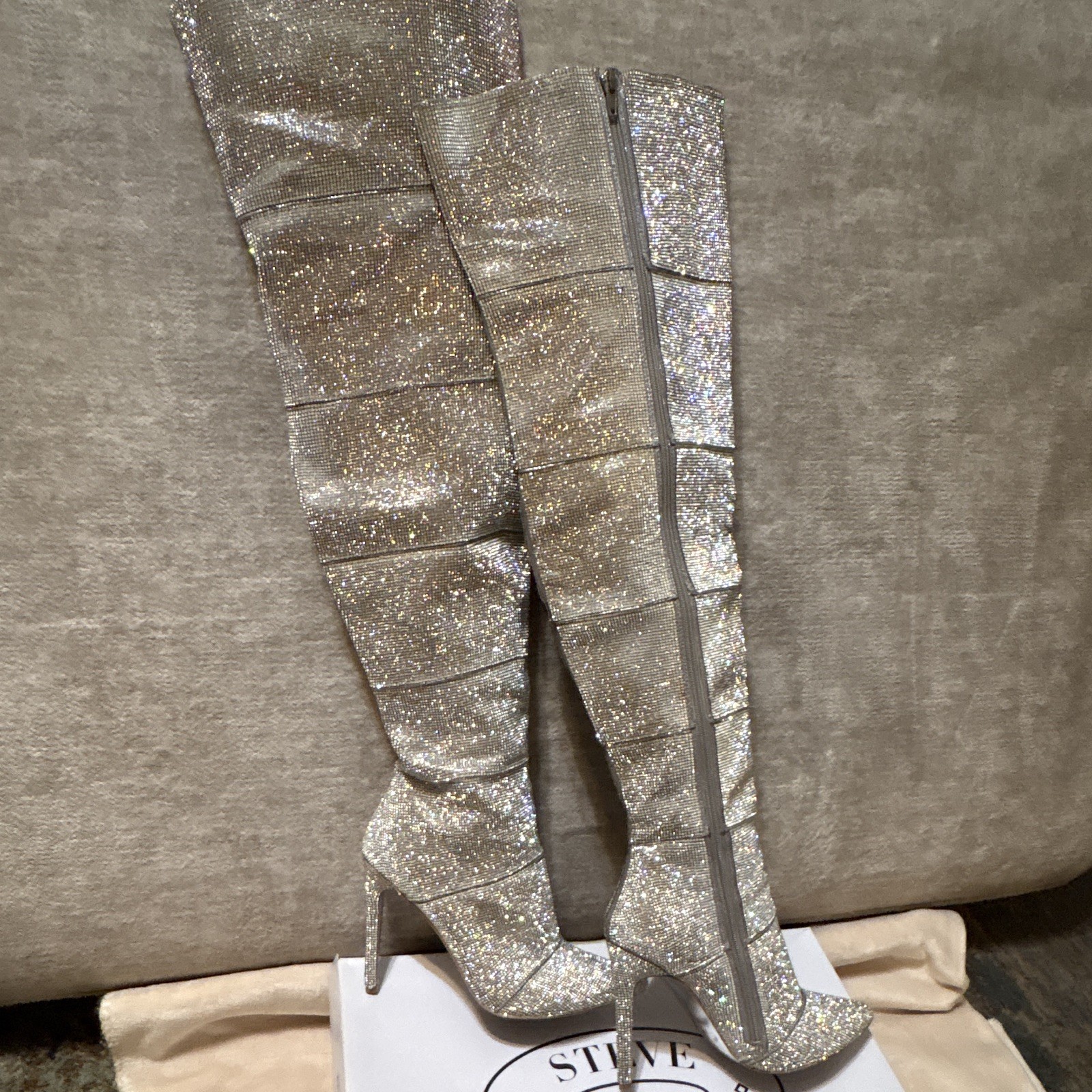 Steve Madden Wonders Silver Rhinestone Thigh High Pointed Toe Stiletto Zip 9