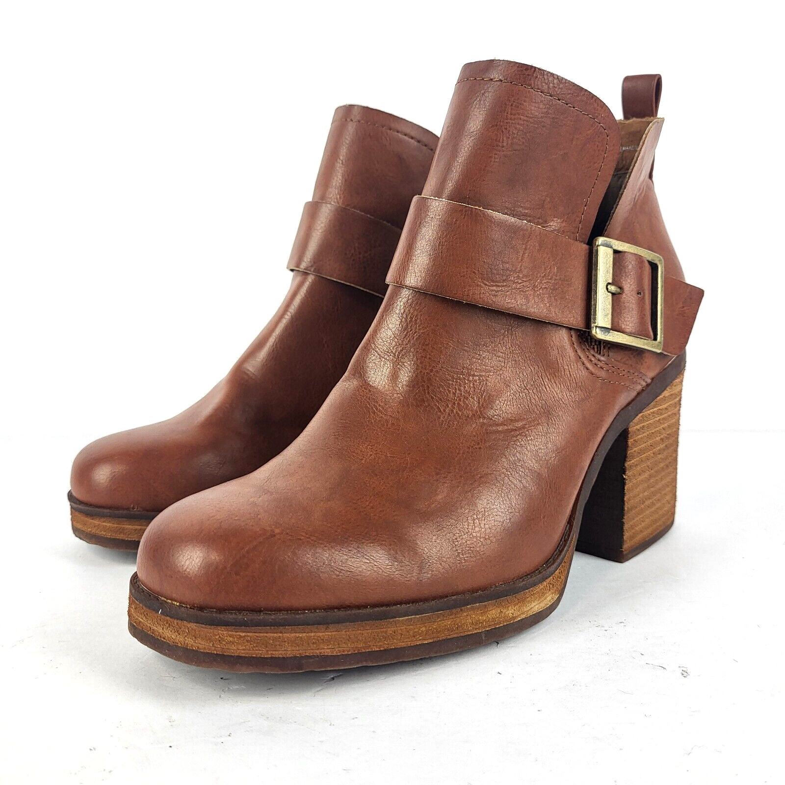 Korks Kari Women’s Ankle Booties Pull On Buckle Tan Comfort Padded Wooden 10 M