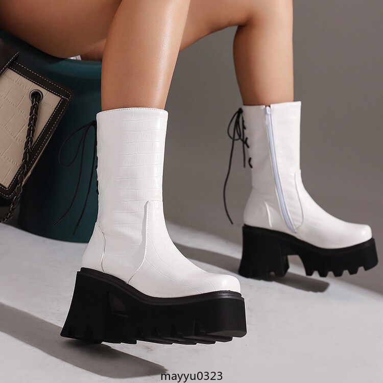 Womens Platform High Block Heel Zip Square Toe Casual Ankle Boots Shoes Biker
