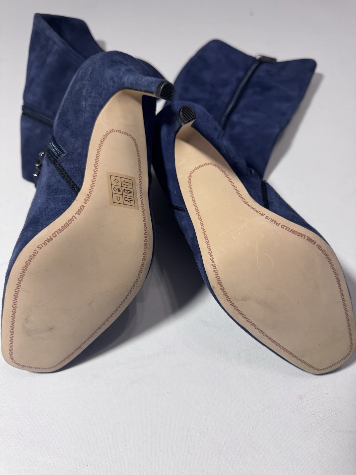 Karl Lagerfeld Paris Maryam Blue Suede Tall Boots Chain Detail NEW 7M 37.5