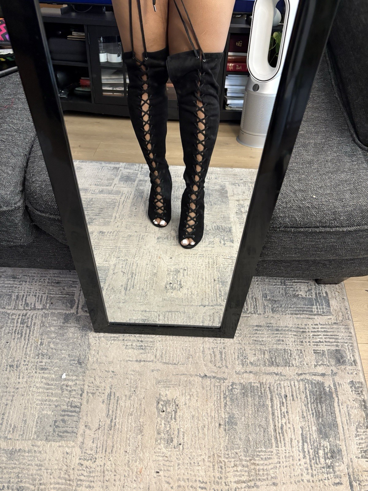 GUESS Black Suede Over-the-Knee Lace-Up Open Toe Boots Women’s US 9M