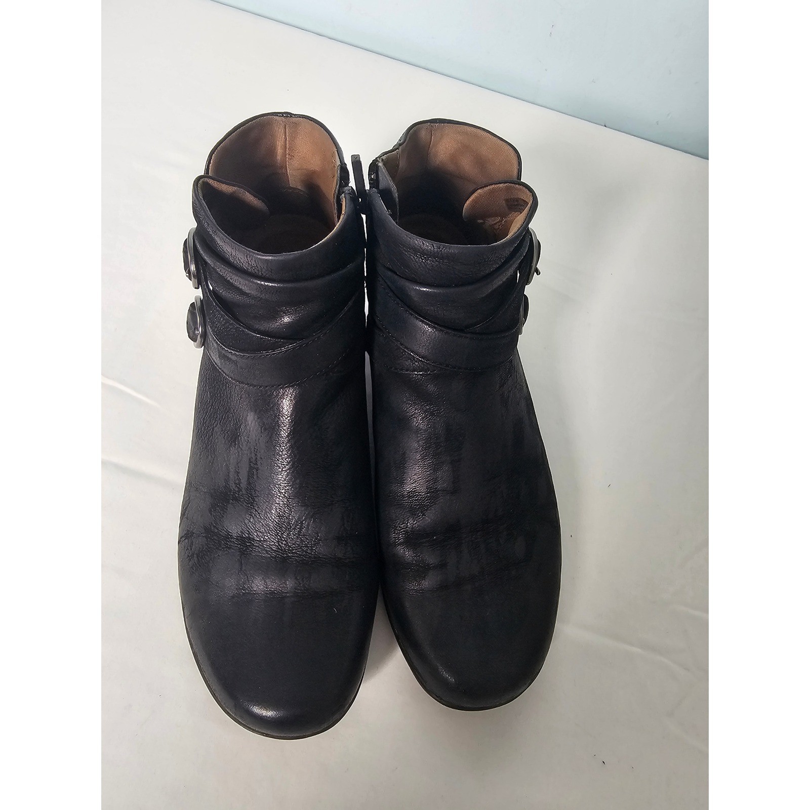 Moto Chic Dansko Leather Ankle Boots Womens 39 Black Double Buckle Ruched Zip