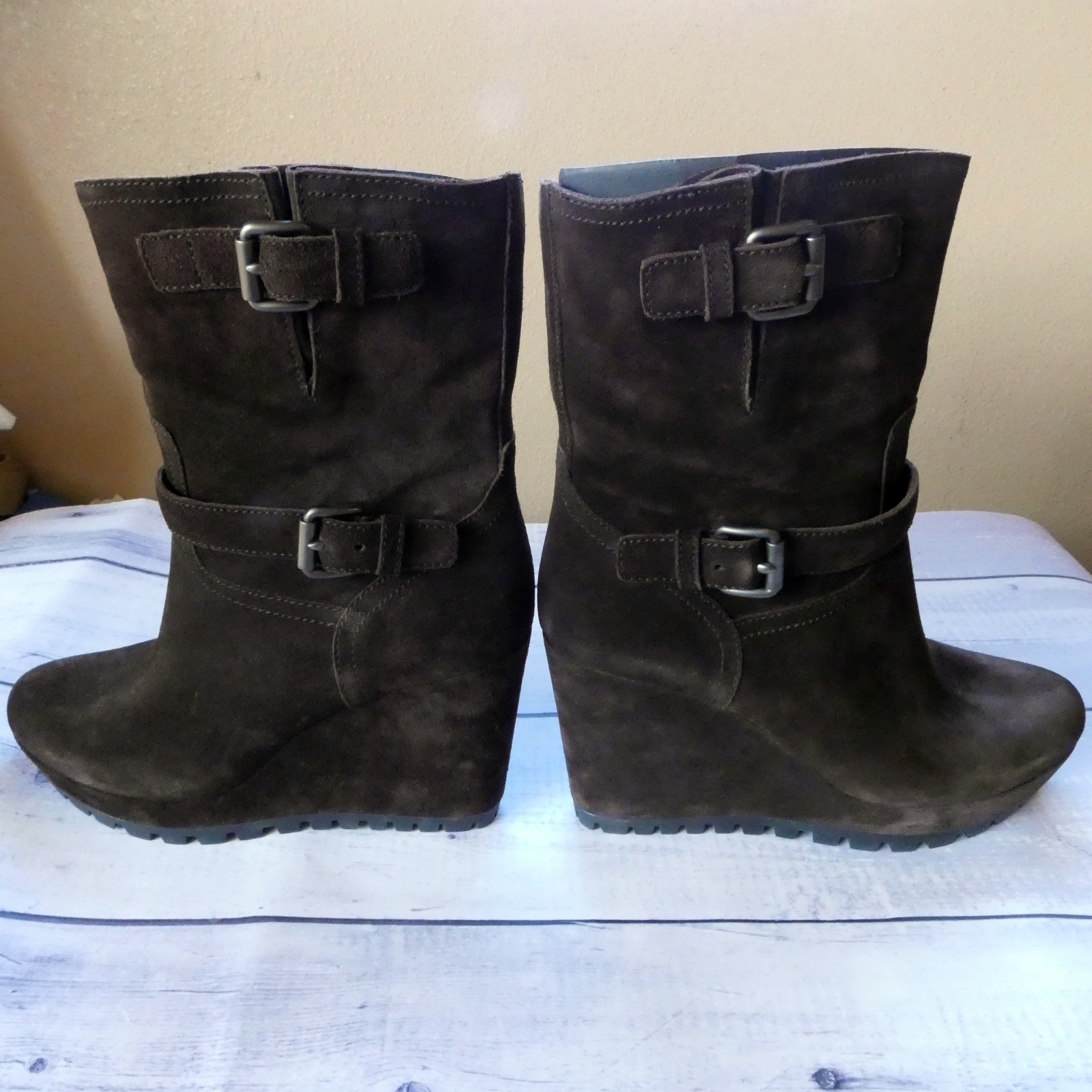 Prada Women’s Brown Suede Double Silver Buckle Strap Wedge Boots Size 39 M / 9 M