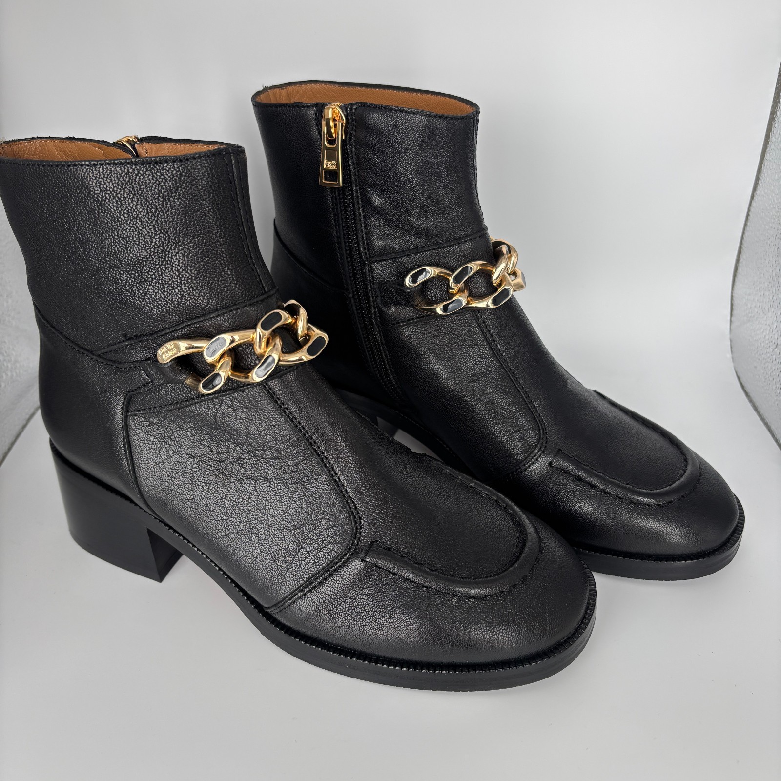 New See by Chloé Women’s Black Leather Chain Ankle Boots Size 36, Box Included