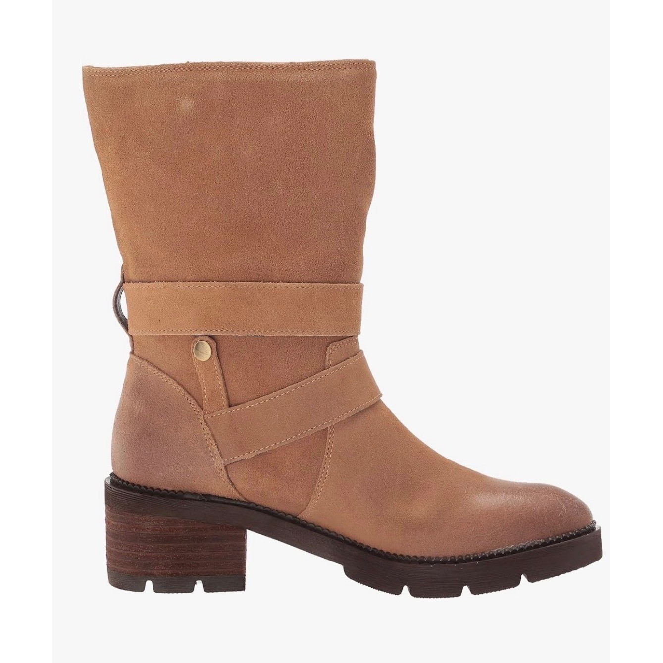 Donald Pliner Saraya Tan Suede Double Buckle Mid-Calf Boots Block Heel Lug Sole.