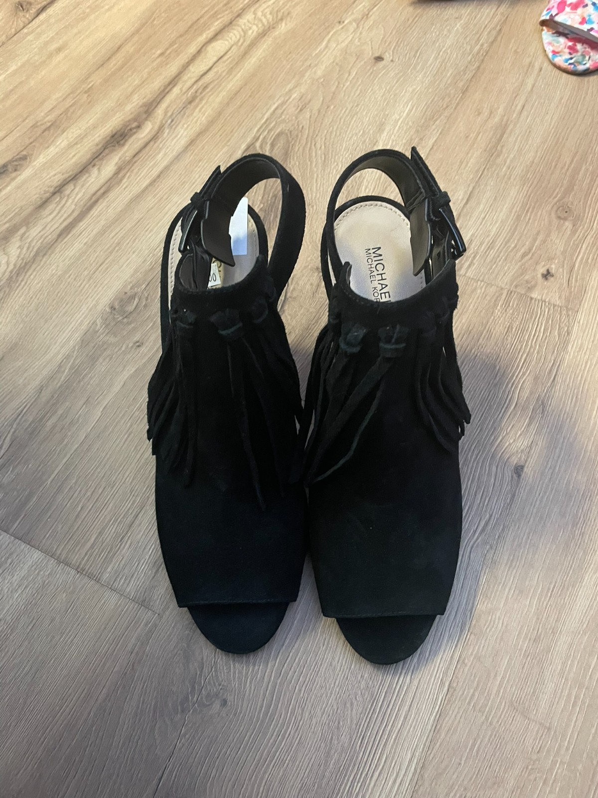 New Michael Kors Black Suede Peep Toe Buckle Booties Size 9