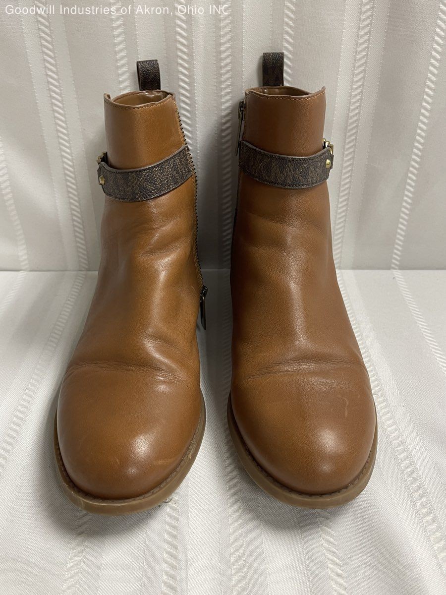 Michael Kors Brown Leather Logo Strap Side Zip Ankle Boots Women’s Size 8 COA