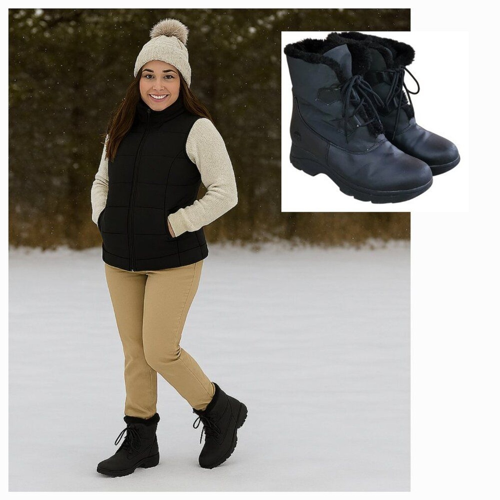 Totes Kimberly All Weather Faux Fur Lined Lace Up Black Booties Sz 9