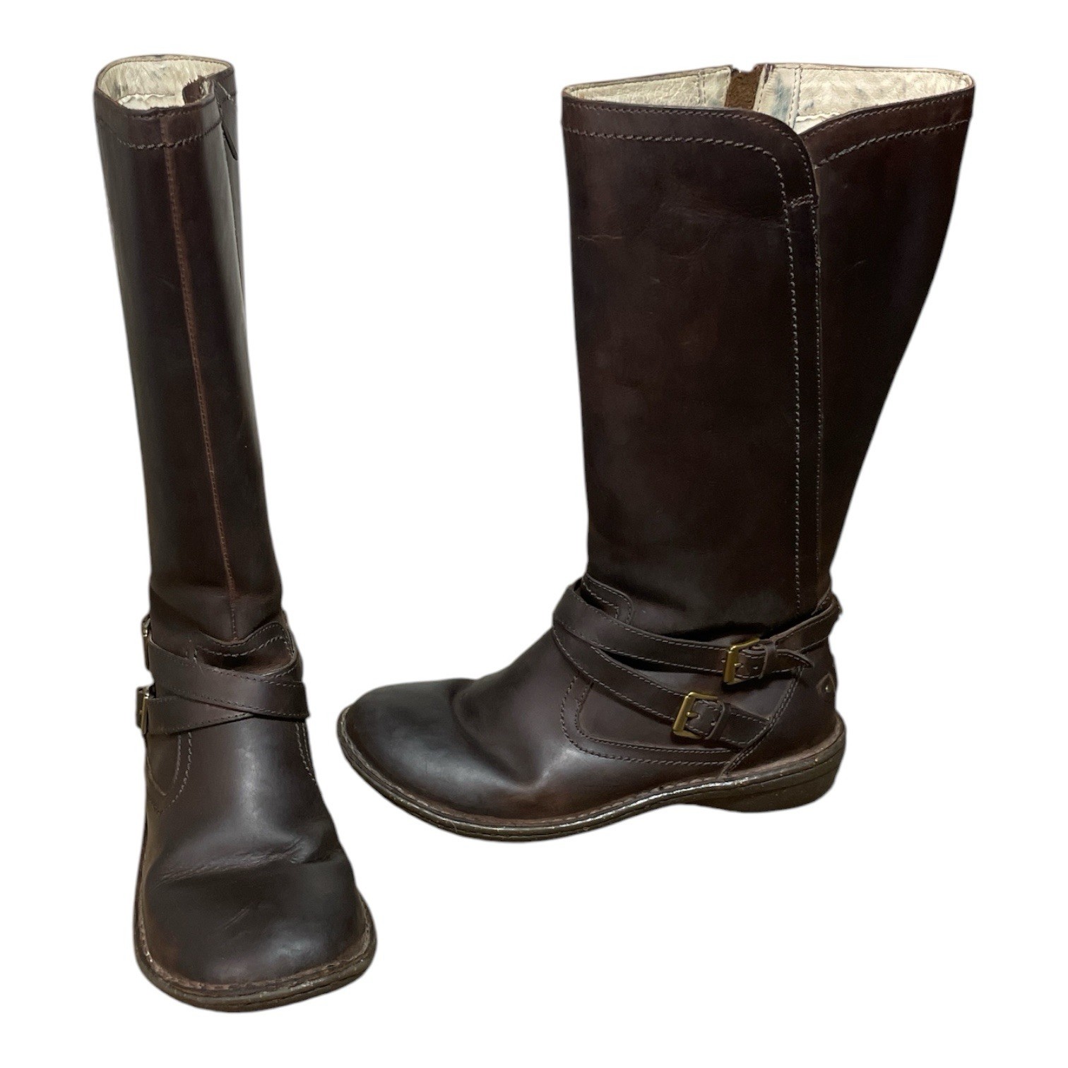 UGG Size 10 Leather Riding Boots Zip Side Shearling Lining Dbl Buckle Brown
