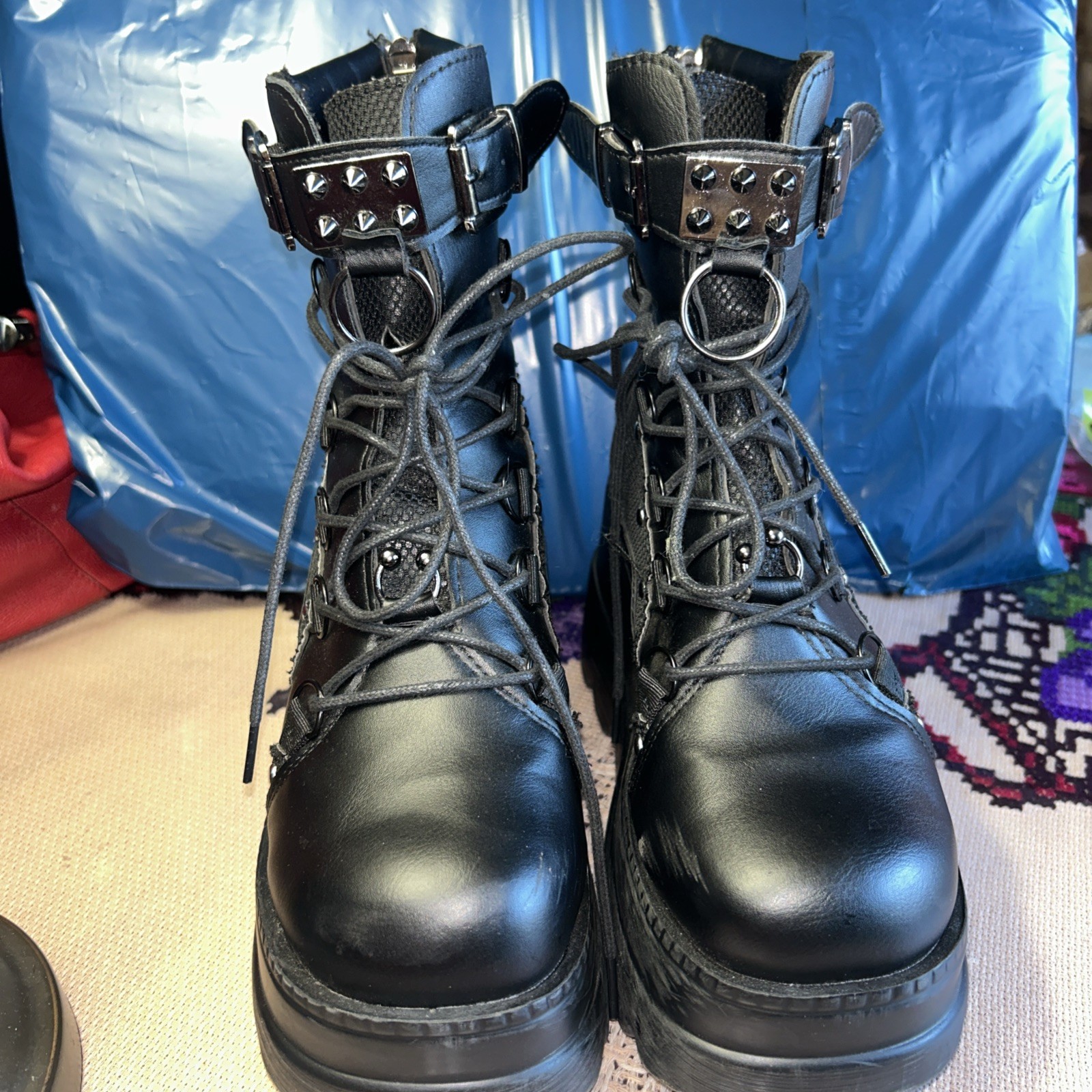 Women’s Black Ankle Combat Boots Lace-Up Buckle Zipper Stud Ring Round Toe