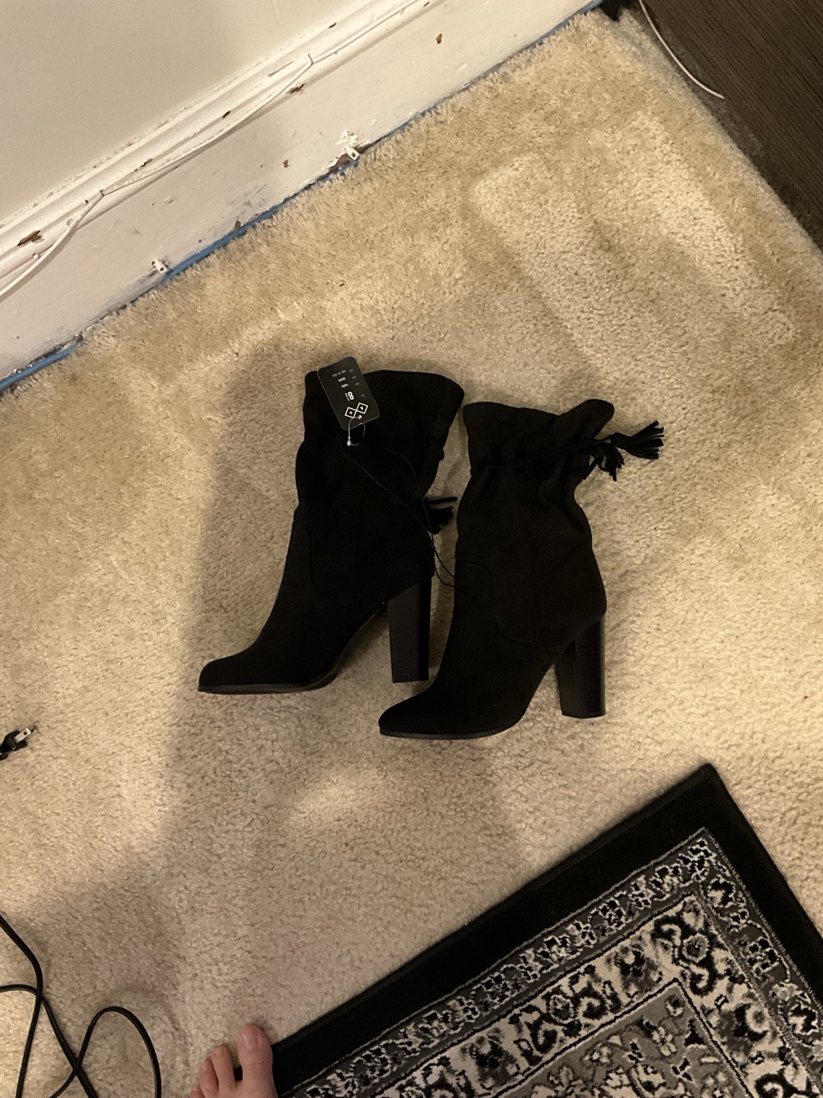 A New Day Black Suede Mid-Calf Tassel Block Heel Bootie Closed Toe Boots