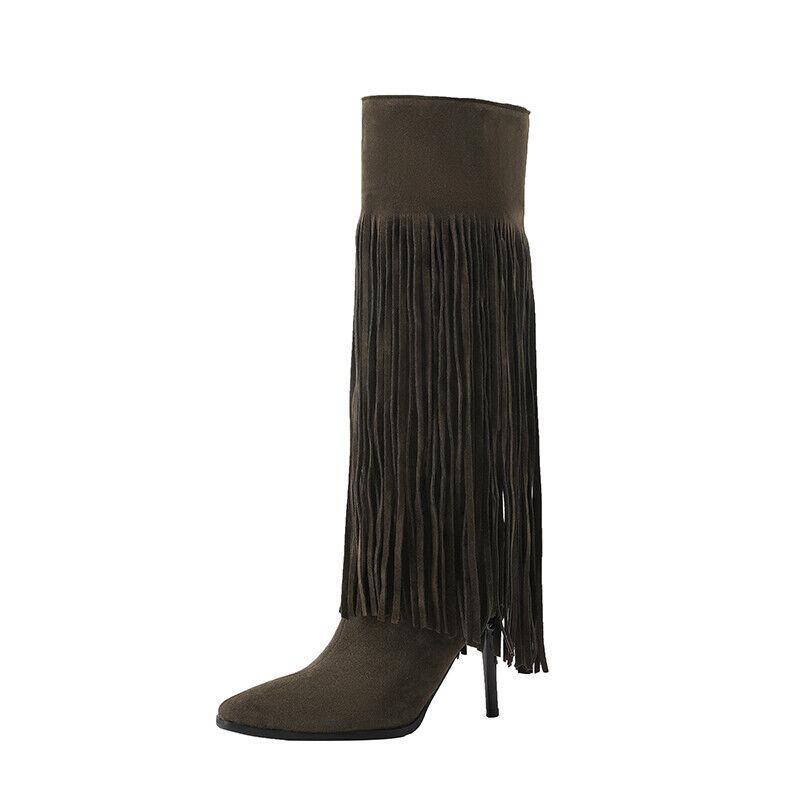 Fashion Womens Tassel Faux Suede Knee High Boots Casual Outdoor Dress Club Shoes