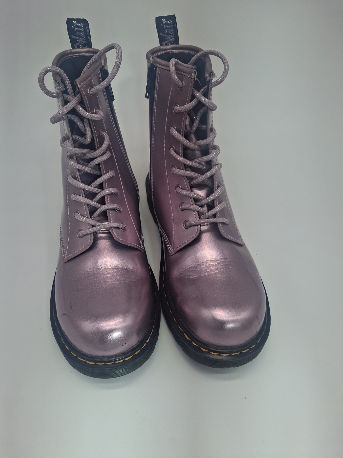 Dr. Martens 1460Y Delaney Pink Patent Leather Lace Up Side Zip Boots Womens 7