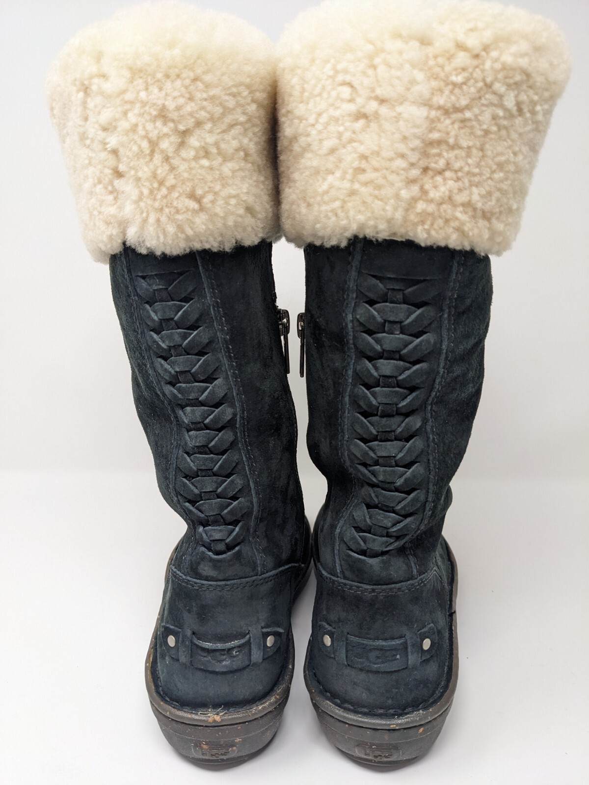 UGG Karyn Tall Winter Boots Womens Black Leather Sheepskin Cuff Pull On Size 6