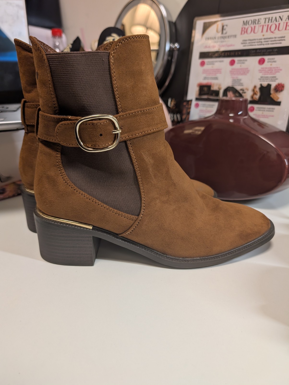 Liz Claiborne Women’s Brown Suede Ankle Booties Buckle Side Zip Elastic Gore 8.5