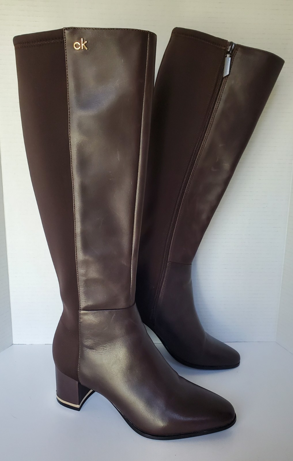 Calvin Klein FREEDA Espresso Brown Leather & Neoprene Knee High Heeled Boots 6