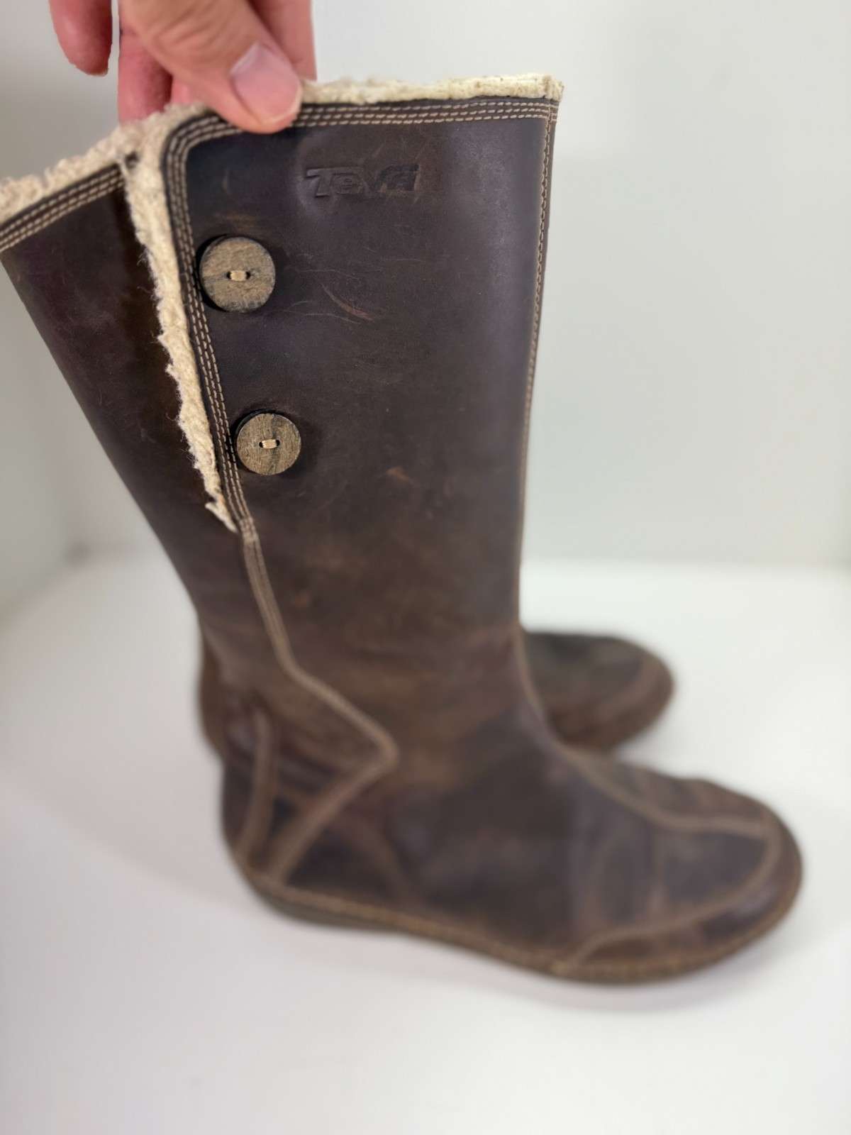 Teva Tonalea Leather Boots Womens 9 Brown Waterproof Sherpa Lined Round Toe