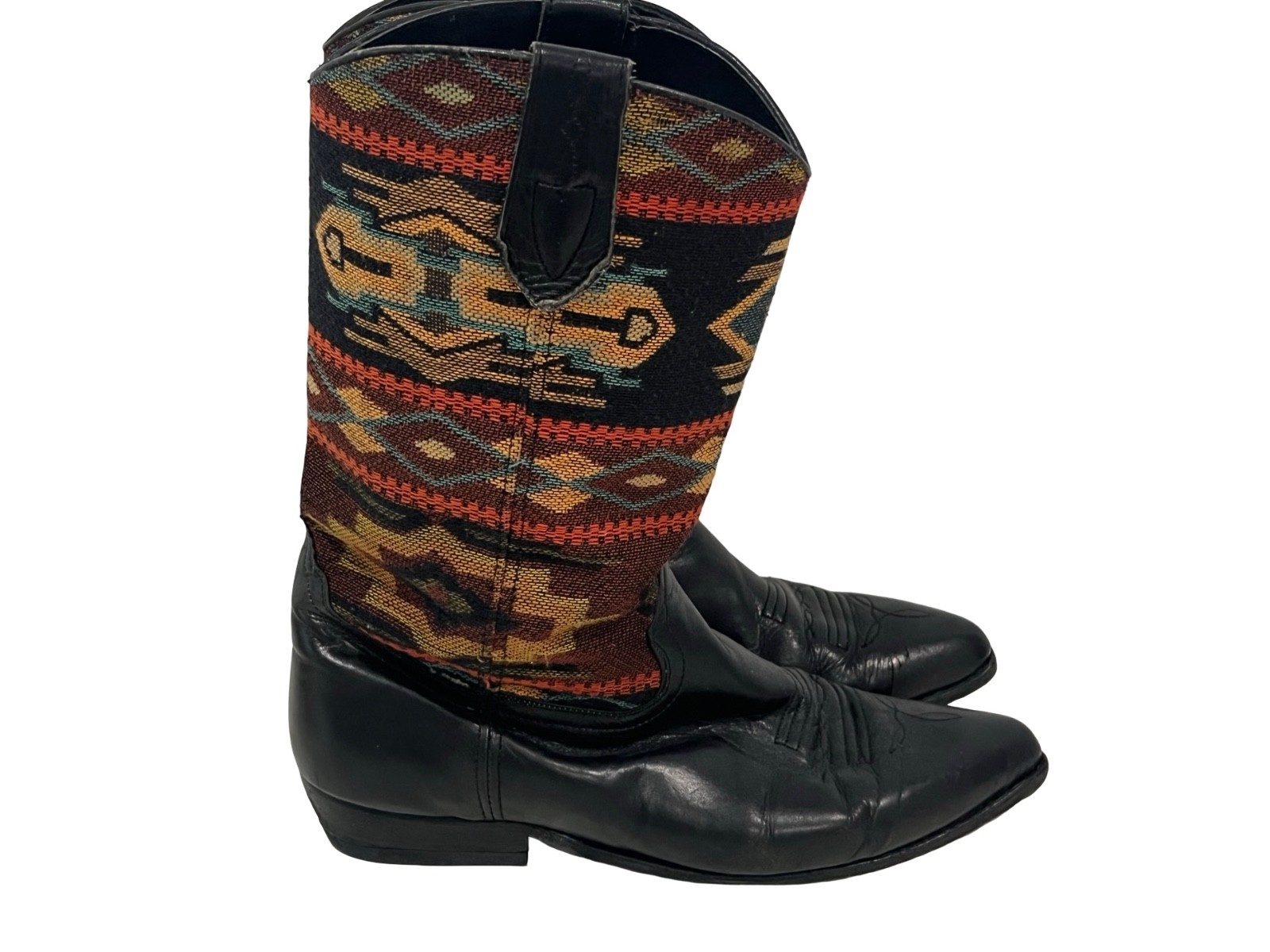 Vintage Seychelles Black Leather & Tapestry Textile Western Cowgirl Boots Sz 10