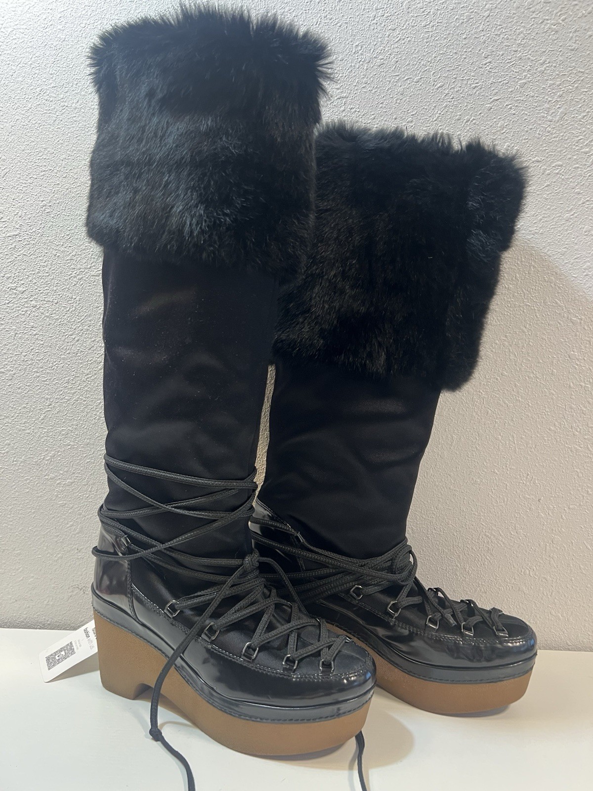 Givenchy Fur Boots 41 Knee High Satin Snow Cold Weather Adjustable Over Platform