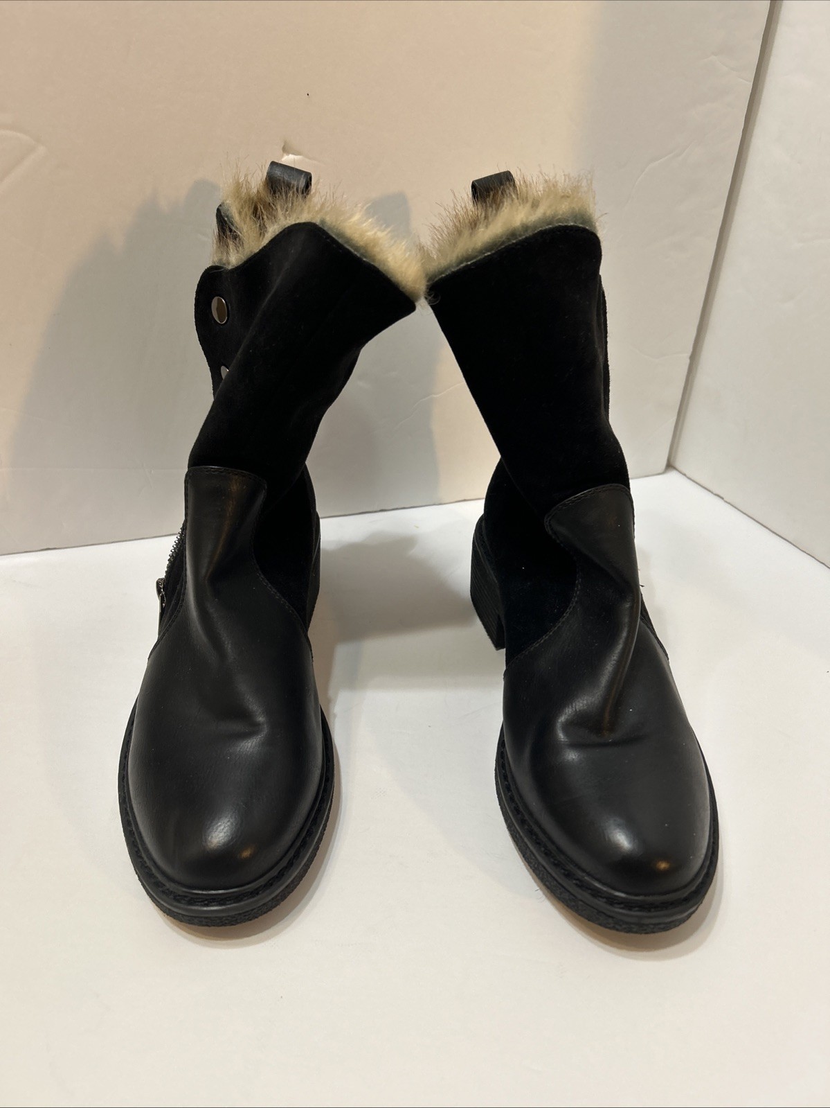 Patrizia by Spring Step Saige Boots Size 38 Black Faux Fur Lined Leather Zip