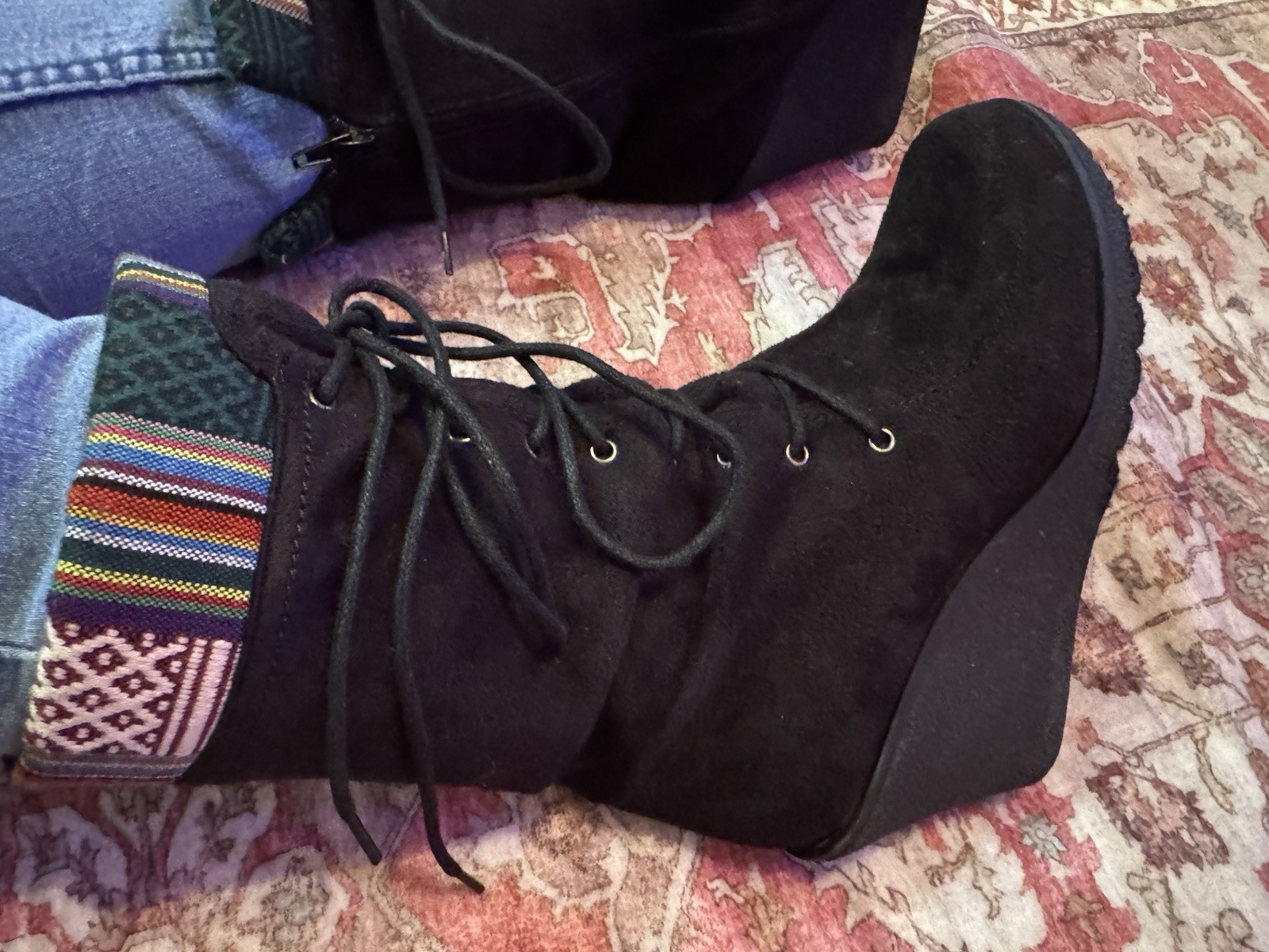 LILIANA Women’s Black Suede Wedge Ankle Boots Lace-Up Side Zip Round Toe