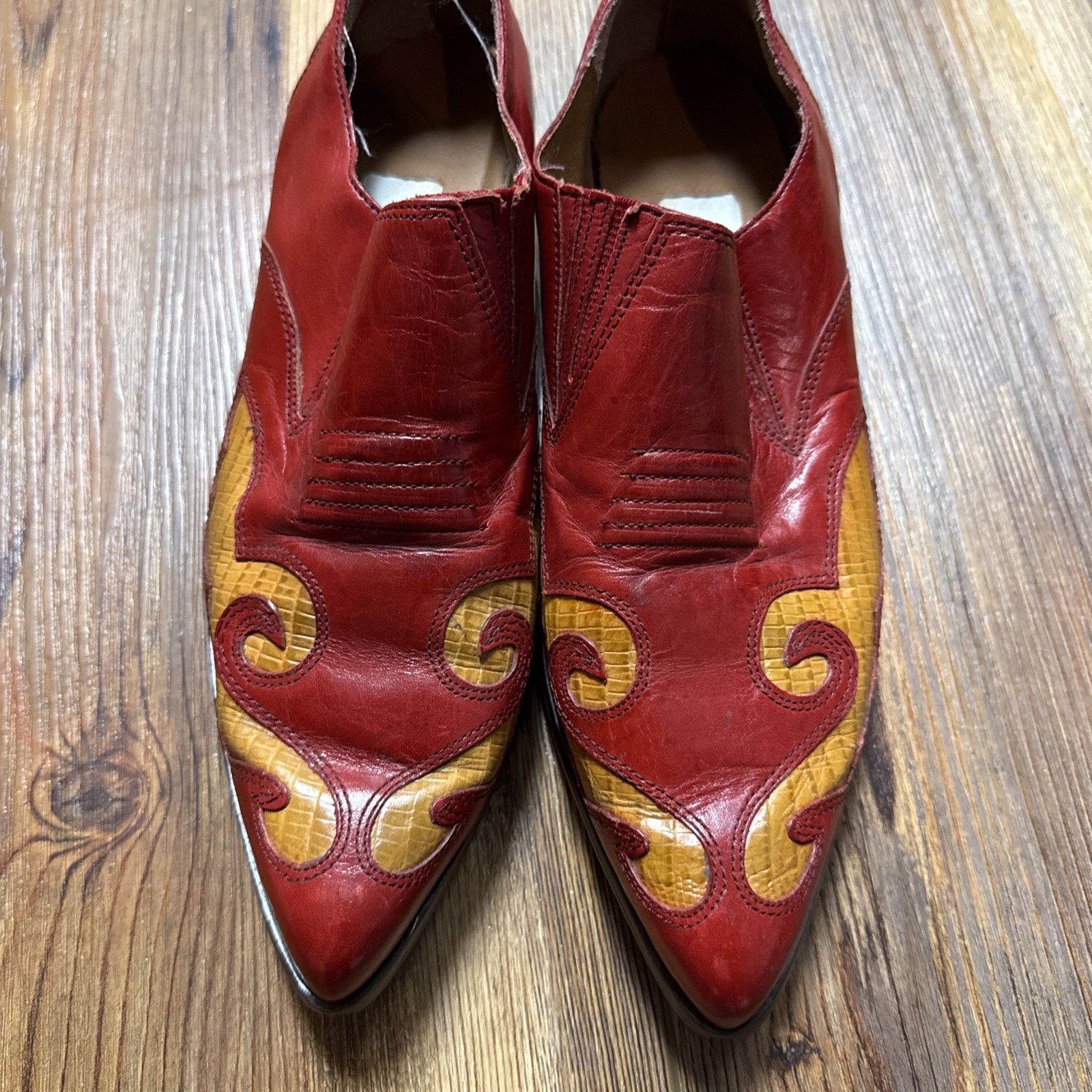 Nine West Aviva Leather Western Ankle Boots Red Yellow Pointed Toe Heels 6 1/2 M