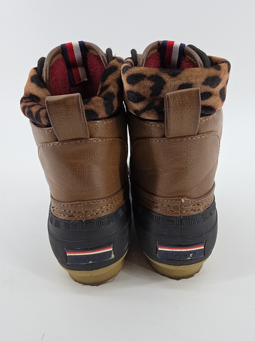 Vtg Tommy Hilfiger Duck Boots Womens Sz 7M Brown Leopard Print Lace Up Ankle Top