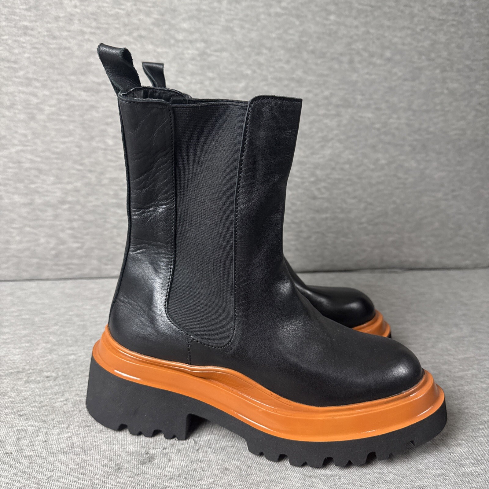 STEVE MADDEN Buxton Black Leather /Orange Lug Sole Boot Size 36 US Sz 6